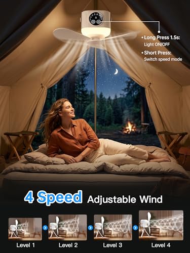 Portable Camping Ceiling Fan with Light Remote 9.25 inch Rechargeable Tent Fan