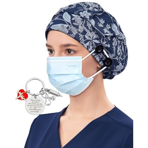 Satin Lined Bouffant Scrub Nurse Cap with 4 Buttons and Sweatband Adjustable