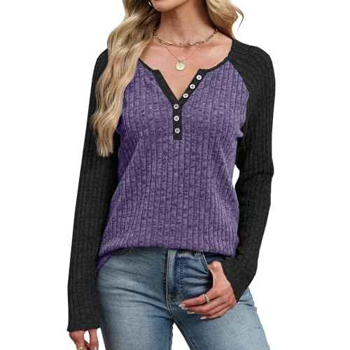 JomeDesign Womens Sweaters V Neck Long Sleeve Shirts Color Block Loose Casual Fall Tops 2025 Trendy Outfits S-2XL