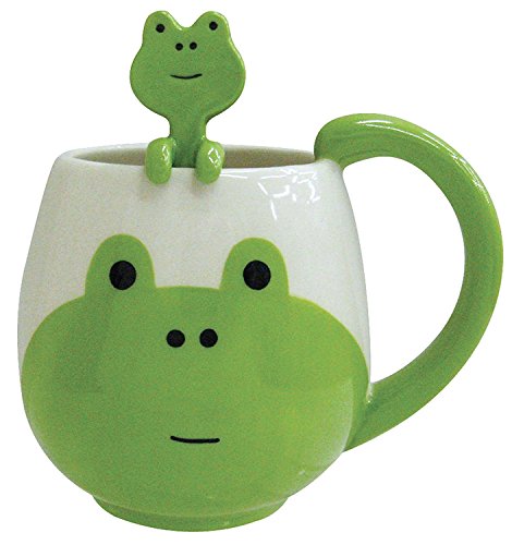 Ceramic Frog Mug with Spoon - 12 oz Green and White Animal Design
