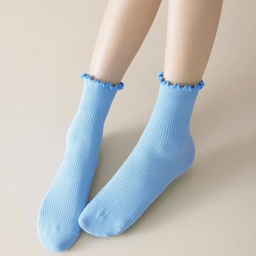 Women Ruffle Socks 3 Pack - Light Blue Breathable Ankle Socks for Girls
