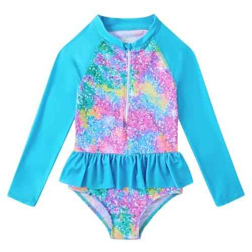 RAISEVERN 1-7 Years Girls Rashguard Swimsuit Long Sleeve One Piece Zipper Bathing Suits with Ruffle Butt