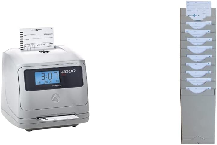 Pyramid Time Systems - Model 4000 Auto Totaling Time Clock, Electronic Time Punch Clock for Small Business, Bundle Includes: 25 Time Cards,Ribbon and 2 Security Keys - Silver ( 7.25"h x 7"w x 6.75"d)
