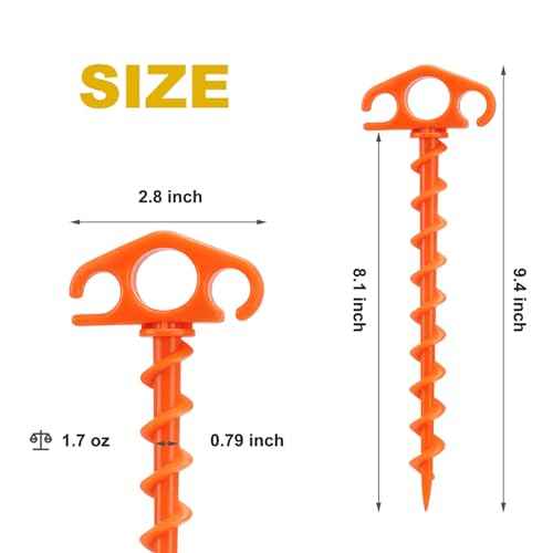 Tent Stakes Ground Anchors Screw in, 6 Pack Sand Stakes for Beach 9.4 Inch Heavy Duty Spiral Tent Pegs for Camping, Party, Hiking, Outdoor Decoration (6, Orange)
