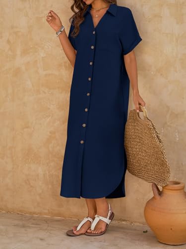 Summer Dresses for Women Navy Large - Casual Short Sleeve Maxi Beach Cover Up with Pockets