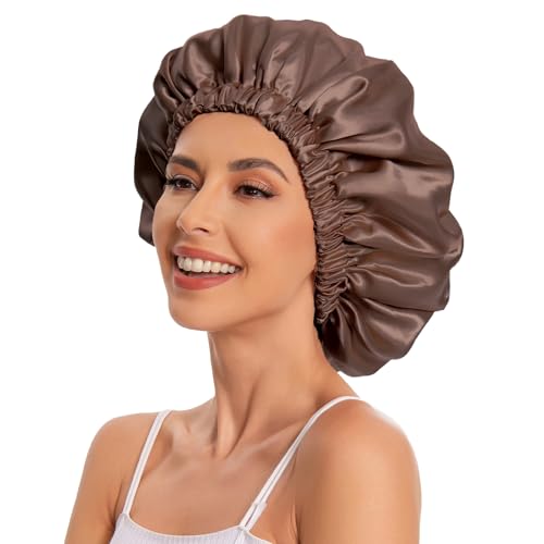 Brown Satin Bonnet for Sleeping - Double Layer Curly Hair Cap - Soft & Comfortable