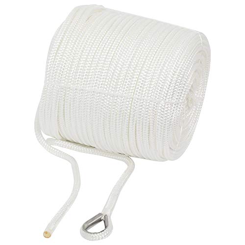 NovelBee 3/8" x 200' Nylon Anchor Rope - White Double Braid Marine Line with Stainless Steel Thimble