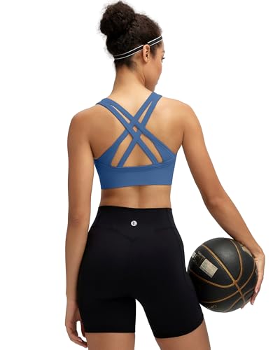 Running Girl High Support Sports Bra for Women Criss Cross Back Padded Strappy Yoga Bra - Black Grey Dark Blue Medium