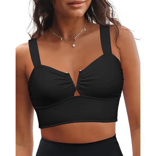 GRAPENT Bikini Tops for Women Cropped Tankini Tops Beach V Bar Padded Ruched Adjustable Strap Swimsuit Swim Top Only