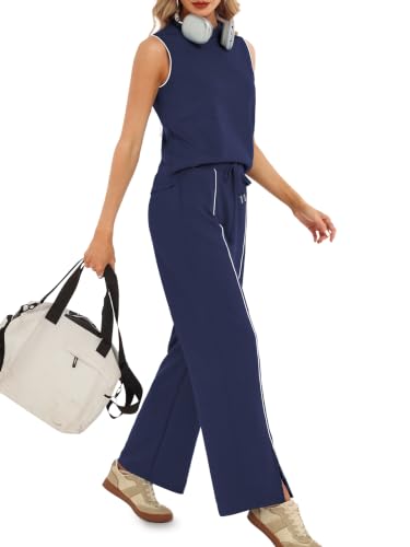 X-Small Women's Summer Two Piece Sets Sleeveless Tank & Wide Leg Pants - Navy Blue
