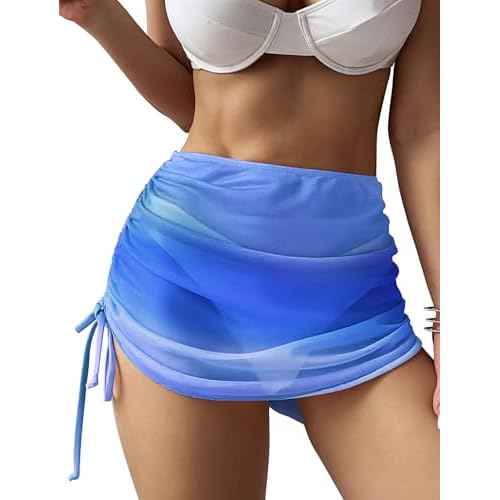 ZAFUL Women's Beach Cover Up Skirt Mesh Sheer Ruched Drawstring Short Swim Skirt Cover Ups for Swimwear