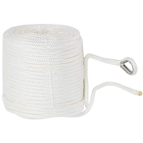 NovelBee 3/8" x 200' Nylon Anchor Rope - White Double Braid Marine Line with Stainless Steel Thimble