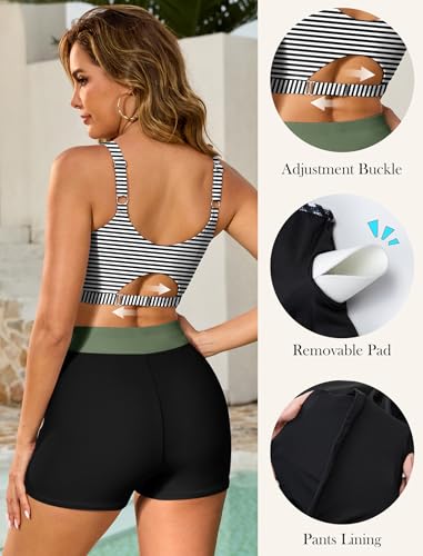 X-Large White Stripes 3 Piece Swimsuits for Women Tankini Sets Modest Bathing Suit