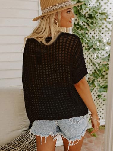 Crochet Beach Coverup for Women Off Shoulder Summer Tops Oversized Black XL