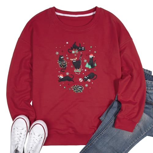 Meowy Christmas Sweatshirt for Women Christmas Cat Pullover Cat Lover Christmas Tops Merry Christmas Lights Sweater