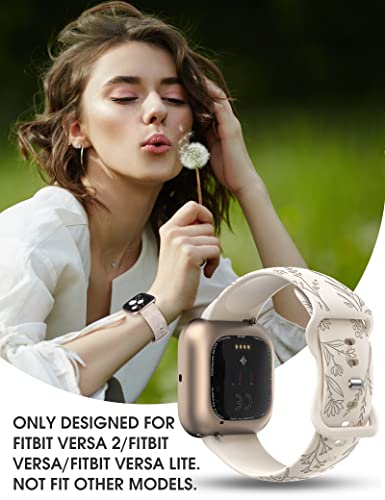 Minyee Floral Engraved Silicone Watch Band for Fitbit Versa 2 - Starlight & Nude & Brown