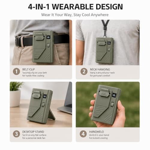 Olive Drab Portable Waist Fan with 100 Speed Levels Rechargeable Clip-On Personal Fan
