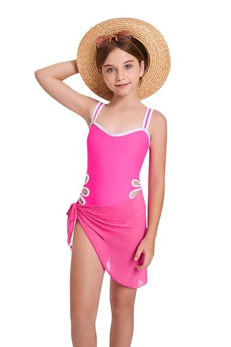 Pink Girls Swimsuit 2PCS Set - Adjustable Straps & Cover Up Skirt, 13-14 Years