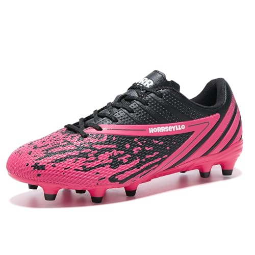 Soccer Cleats for Men and Women - Professional Football Shoes Outdoor Lightweight Firm Ground - Black & Rose Red, Sizes 6 & 7