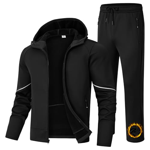 Men's Fleece Lined Tracksuit Set with Zipper Pockets - Black, Medium