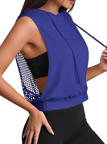 Hilinker Women's Sleeveless Hoodie Open Back Mesh Workout Top XL Blue