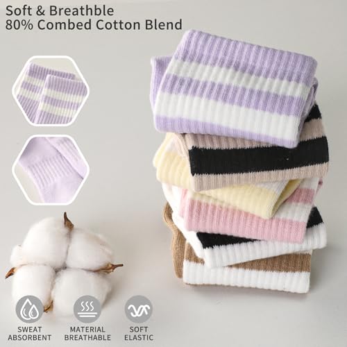 Women's Crew Socks with Cotton Stripes - 6 Pairs, Multiple Colors