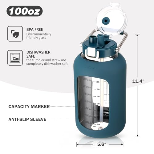Large 100oz Glass Water Bottle with Time Marker & Silicone Sleeve - Dark Blue