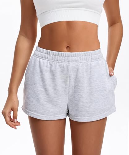 Women's Grey Medium High Waist Cotton Sweat Shorts with Pockets - Casual Summer Lounge Wear