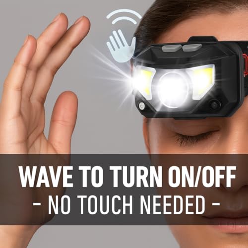 Keeble Outlets Headlamp Flashlight ? 1200 Lumen Ultra-Bright LED Rechargeable Head Lamp with White & Red Light ? Waterproof Motion Sensor Headlights for Camping, Running, Hiking & Fishing (2 Pack)