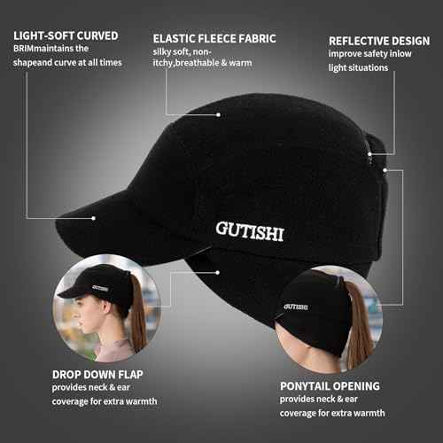 Ponytail Winter Hats for Women Reflective Fleece Ponytail Hat for Running Workouts,Black