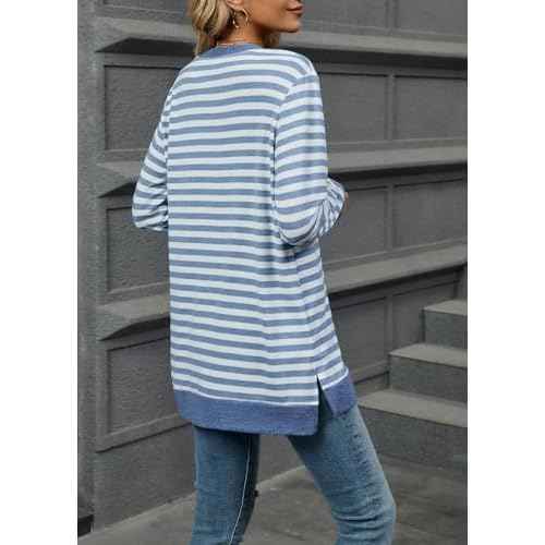 Womens Casual Striped Long Sleeve Shirt Trendy Crew Neck Slim Loose Fit Basic Blouses Tops
