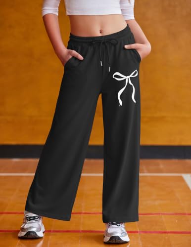 Girls Wide Leg Sweatpants with Pockets - Black, 12-13 Years - Baggy Athletic Pants