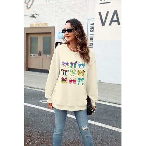 UNIQUEONE Oversized Sequins Bow Sweatshirt - Women Magic Kingdom Sweater Pastel Graphic Coquette Tee Holiday Pullover