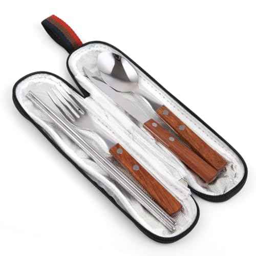Travel Utensils with Case 4-Pack Wooden Handle Stainless Steel Reusable Travel Cutlery Set, Forks Spoons Knives Flatware Set for Camping, Picnic, Lunch Box for Men