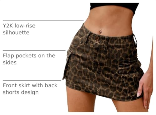 High Waisted Women's Denim Cargo Skort - Y2K Style Leopard Print Large