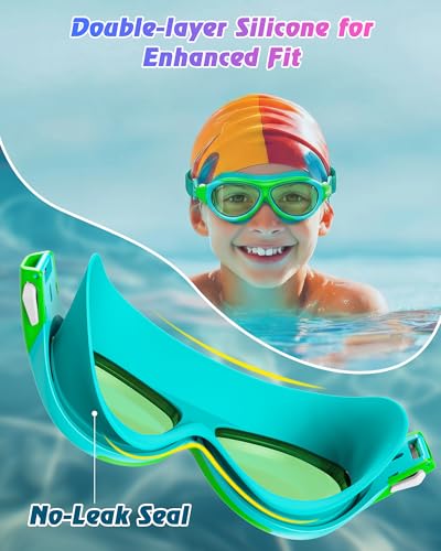 Kids Swimming Goggles with Fabric Strap for 8-16, No Leaking, Wide View, Anti-Fog UV, Green