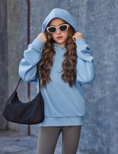 Girls Oversized Fleece Hoodie - Light Blue, 13-14 Years, Casual Pullover Sweatshirt