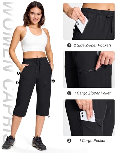 Women's Black Medium Cargo Capri Pants with 5 Pockets - Lightweight Quick Dry UPF 50+ Summer Travel Golf Casual
