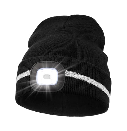 Reflective Stripe Beanie with Light - Warm Outdoor Hat (Black)