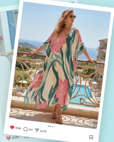 Women’s Lightweight Floral Print Kaftan Dress Swim Coverup - Green Stripe