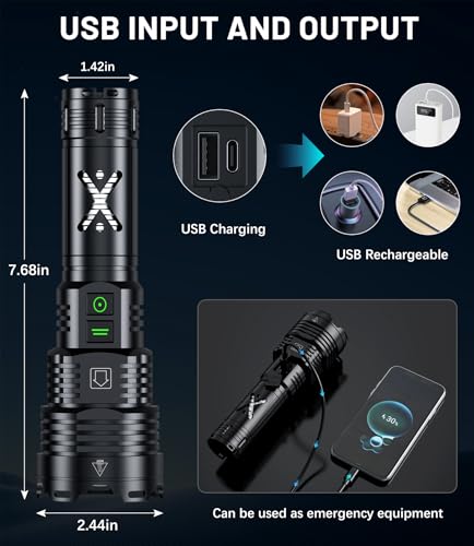 High Lumens Rechargeable LED Flashlight with Zoom, Waterproof, 6 Modes for Camping Emergency