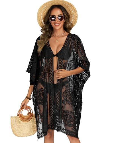Women's Lace Open Front Bikini Cover Up - Solid Black - Beach Swimsuit Cover