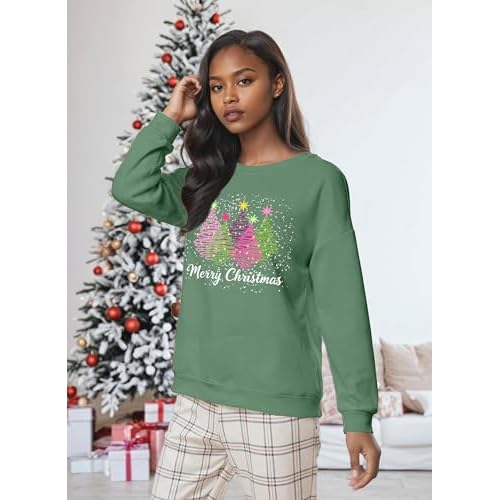 Christmas Sweatshirts for Women Christmas Tree Long Sleeve Shirt Merry Xmas Holiday Sequin Pullover Tops