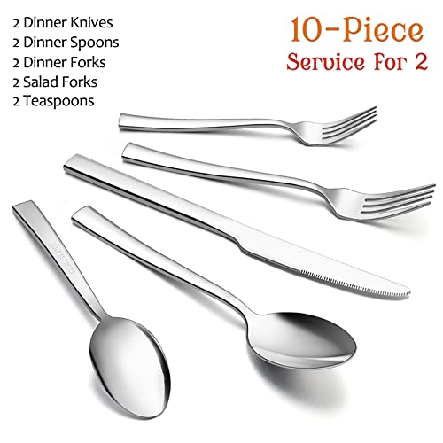E-far 10-Piece Stainless Steel Flatware Set for 2 - Modern Silverware