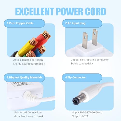 Pinkind Snugapuppy Charger Replacement Power Cord for Fisher Price Baby Swing - White, 6V, 10Ft