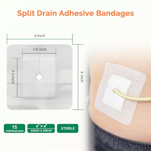 Split Drain Adhesive Bandages - 4" x 4" 15Pcs PD Catheter Feeding Tube Pads - G Tube Covers Foley Tubing Stabilization Device - Peritoneal Dialysis Accessories Catheter Patch Supplies