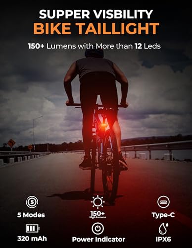 G2FS LITH 150 lm Rechargeable Bike Tail Light, IPX6 Waterproof Bicycle Rear Cycling 220° Wide Visible Safety Flashlight, 5 Light Mode for Adult Kid Men Women Road Mountain Accessories for Night Ride