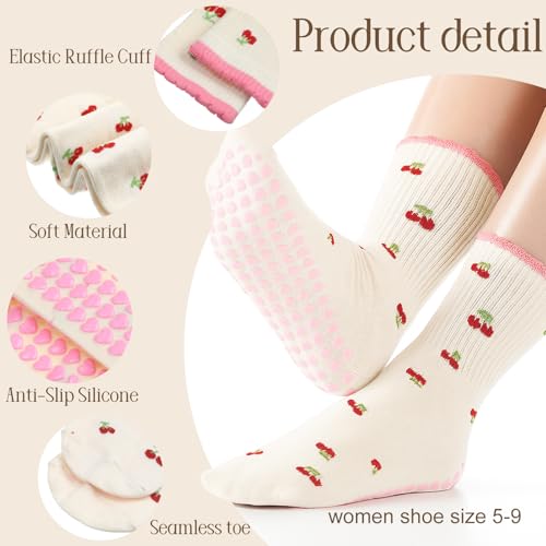 Cute Women Pilates Grippy Socks - 5 Pairs Non-Slip Athletic Socks