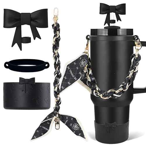 Stanley Cup Accessories Set, Bow Straw Toppers, Water Bottle Handle Strap, Straw Cover Boots for Stanley, Silicone Straw Toppers for Tumblers, Bow Cup Accessories for 20&30&40Oz (Black)