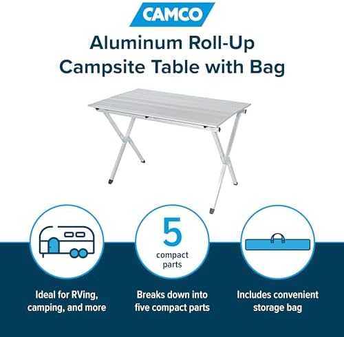 Camco Aluminum Roll-Up Table with Carrying Bag | Lightweight & Easy-to-Carry | Comfortably Sits 4-6 People | Ideal for Tailgating, Camping, The Beach, Parties & More (51892)